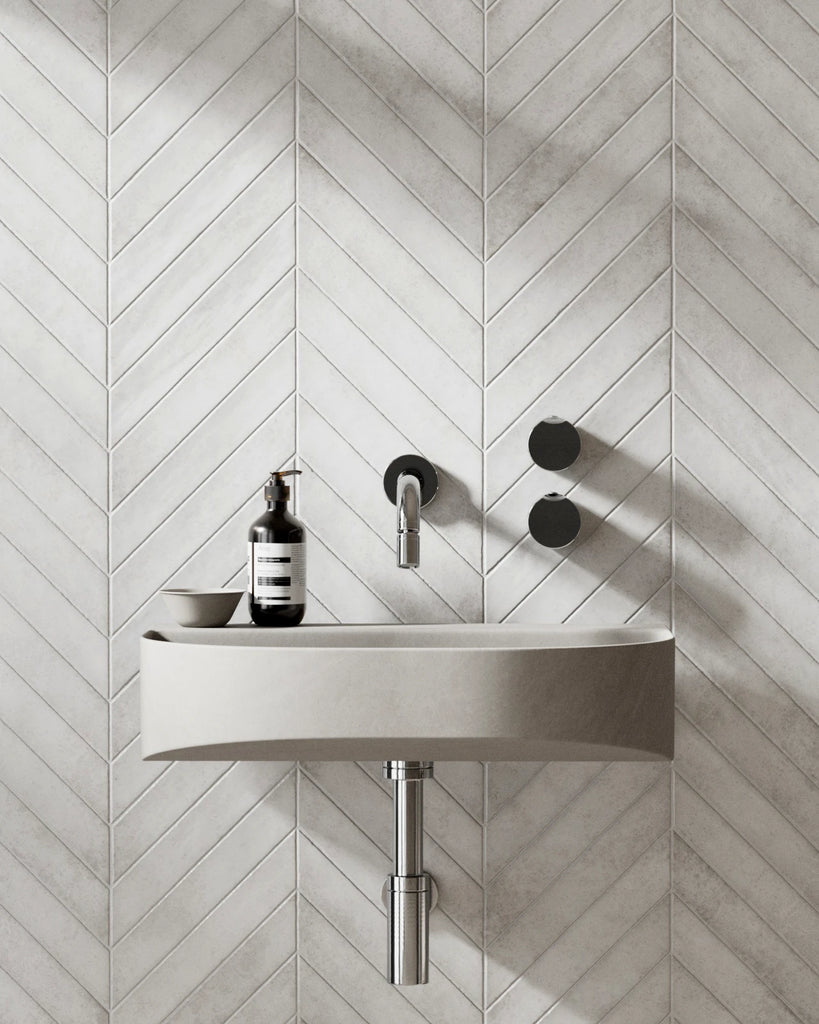 Hoxton Chevron Ivory Ceramic Tile PBR Texture - Example Scene Visualization | Superellipse