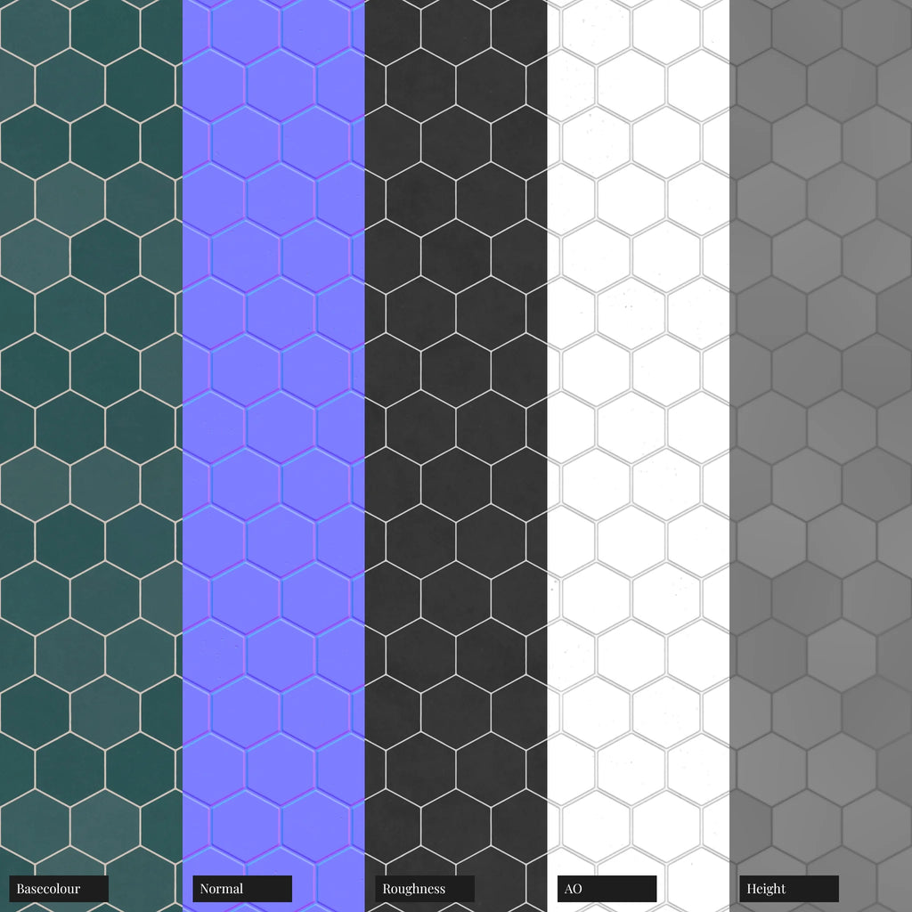 Hexagonal Matte Racing Green Tile PBR Texture - Example Scene Visualization | Superellipse