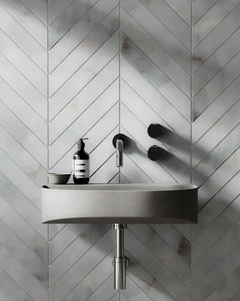 White Onyx Polished Chevron Tiles PBR Texture - Example Scene Visualization | Superellipse