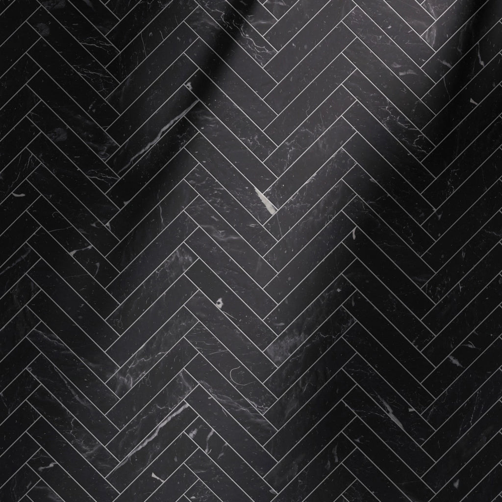 Nero Marquina Herringbone Marble Tile PBR Texture - Example Scene Visualization | Superellipse