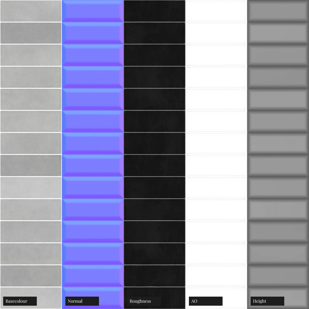 Bevelled Mixed Grey Stacked Tile PBR Texture - Example Scene Visualization | Superellipse