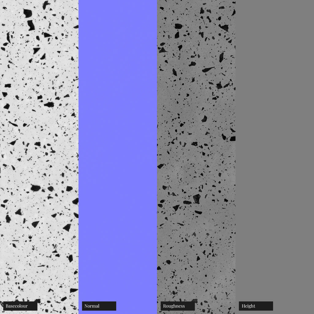 Black and White Recycled Terrazzo Plastic PBR Texture - Example Scene Visualization | Superellipse