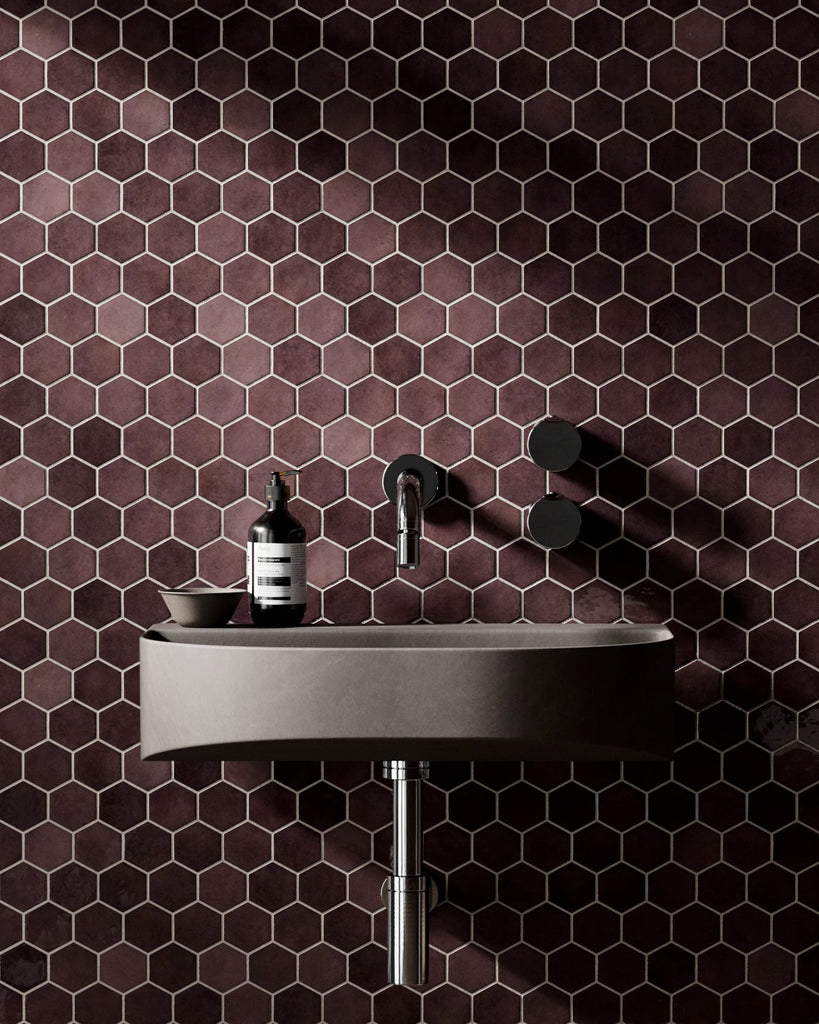 Hoxton Burgundy Hex Tile PBR Texture - Example Scene Visualization | Superellipse