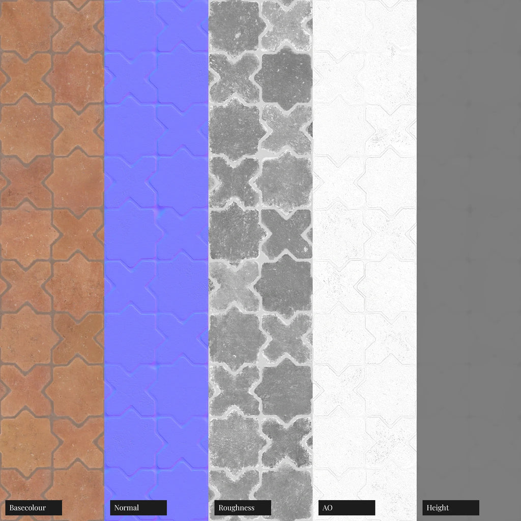 Moroccan Terracotta Traditional Star Tiles PBR Texture - Example Scene Visualization | Superellipse