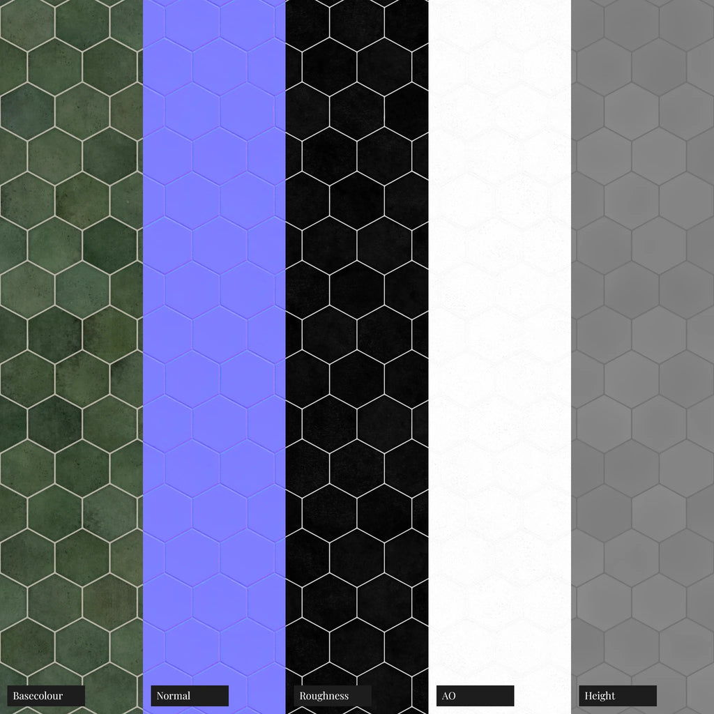 Hoxton Forest Green Brickbond Tile PBR Texture - Example Scene Visualization | Superellipse