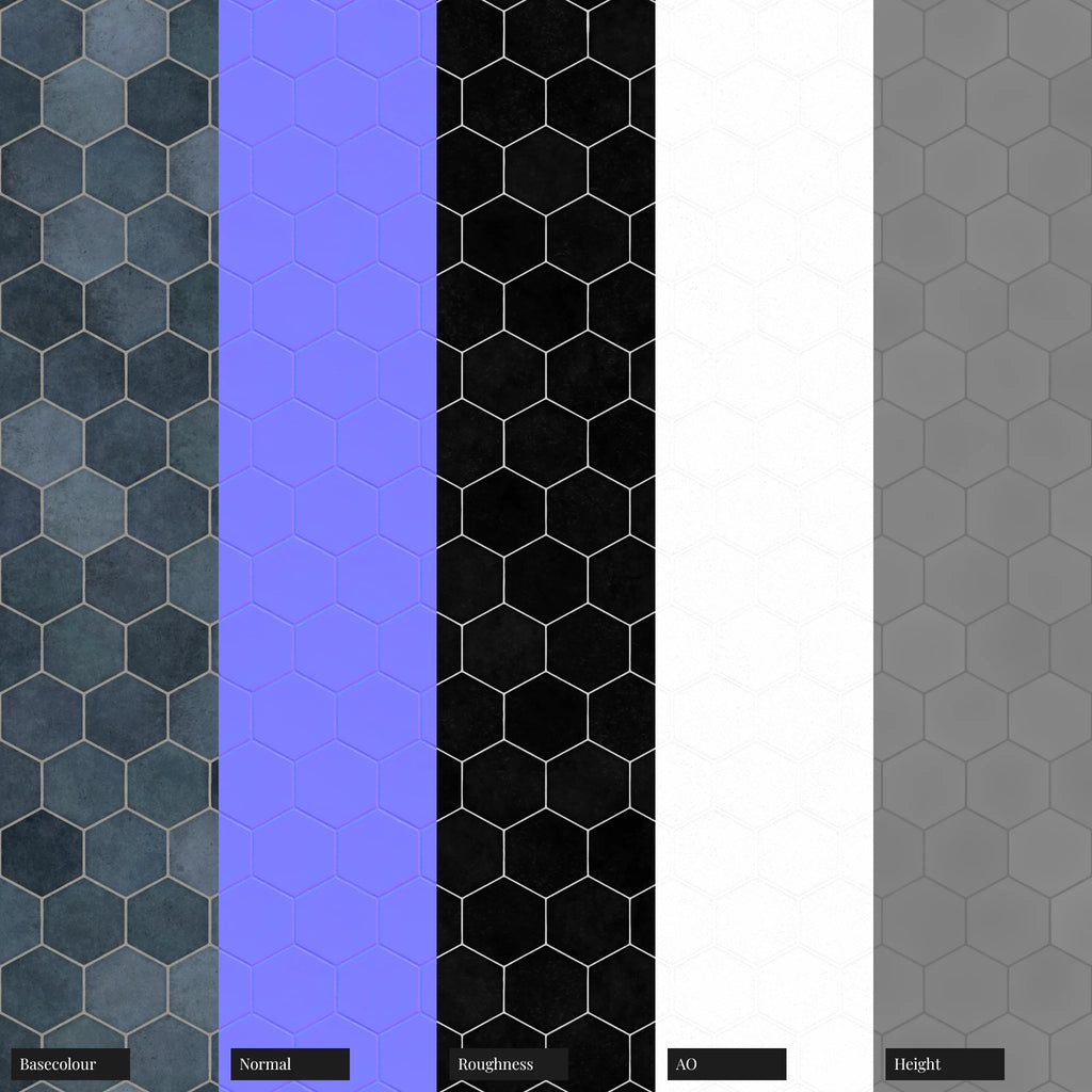 Hoxton Slate Blue Hex Tile PBR Texture - Example Scene Visualization | Superellipse