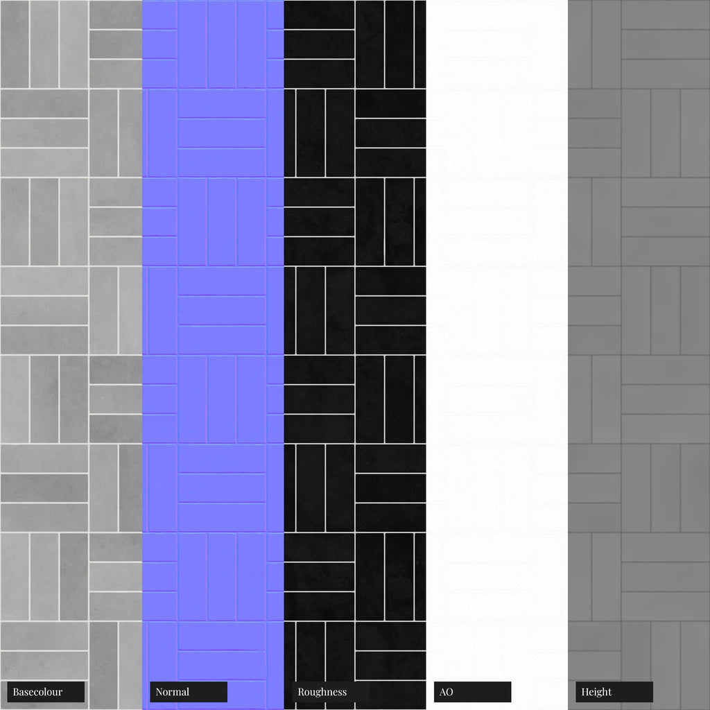 Zellige French Grey Basketweave Tile PBR Texture - Example Scene Visualization | Superellipse