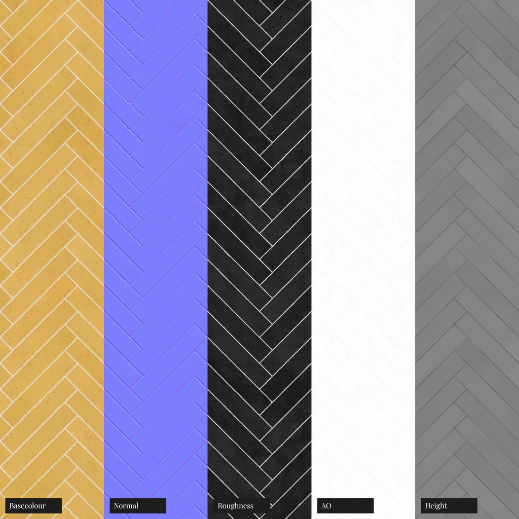 Zellige Canary Yellow Herringbone Tile PBR Texture - Example Scene Visualization | Superellipse