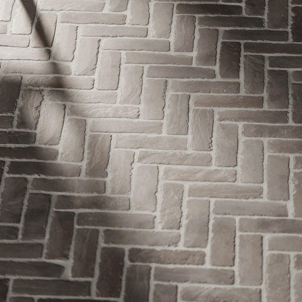 Terracotta Grey Rustic Herringbone Tiles PBR Texture - Example Scene Visualization | Superellipse