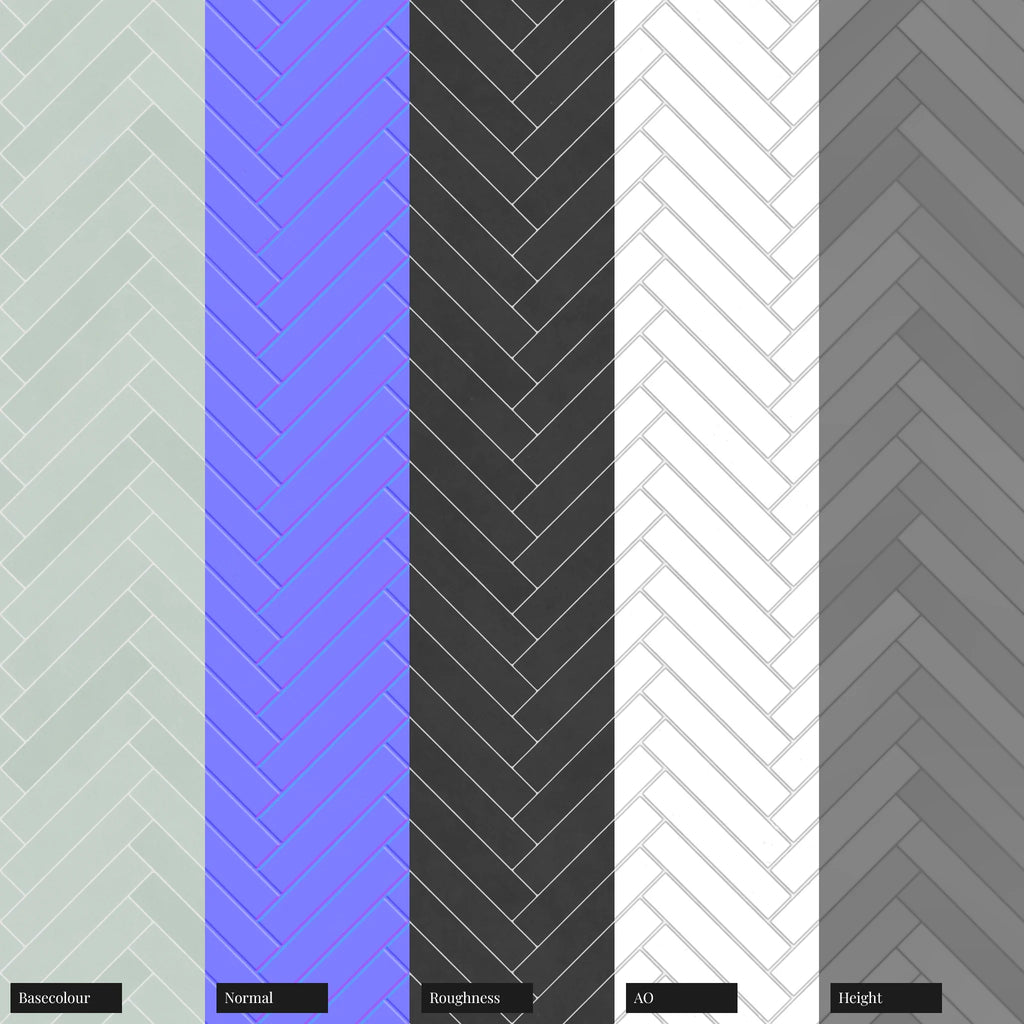 Herringbone Matte Summer Teal Tile PBR Texture - Example Scene Visualization | Superellipse