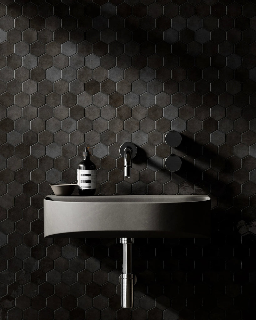 Hoxton Charcoal Black Hex Tile PBR Texture - Example Scene Visualization | Superellipse