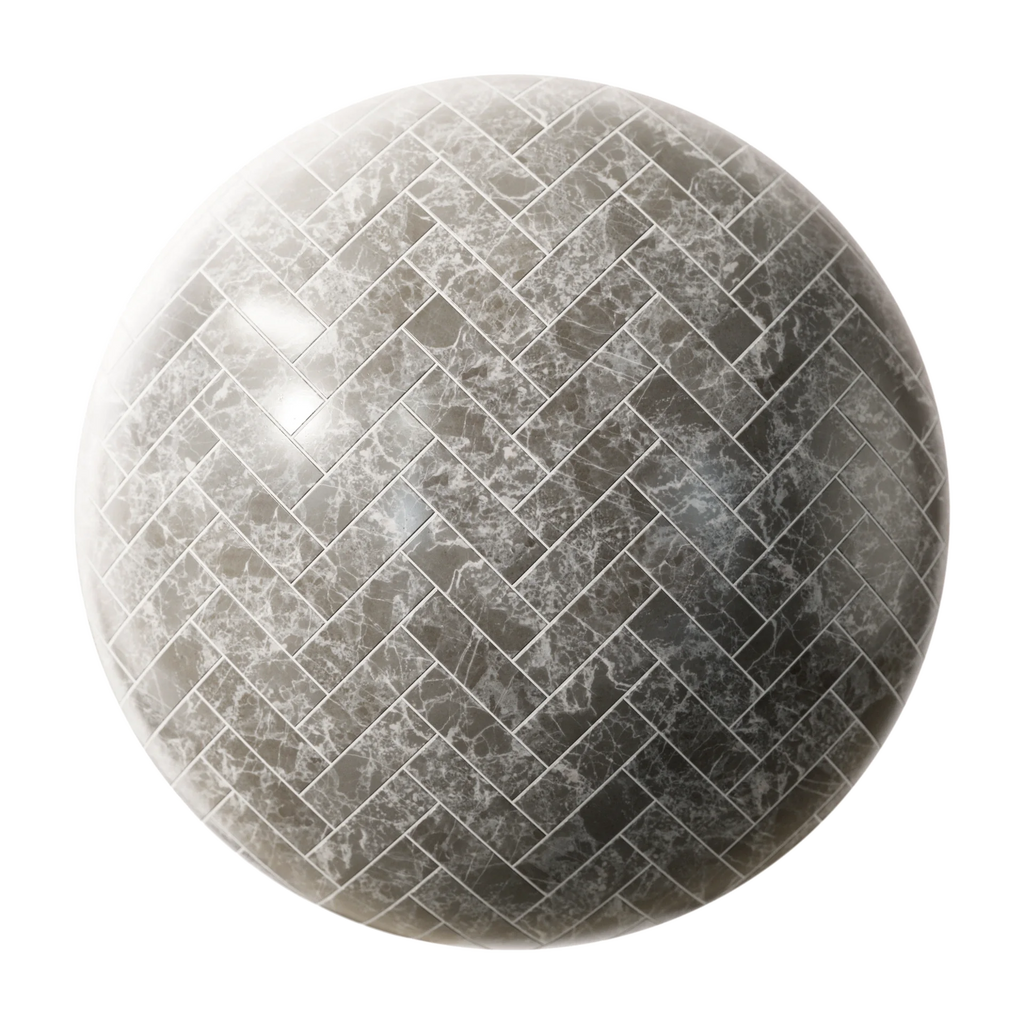 Ash Grey Herringbone Marble Tiles PBR Texture - Sphere Swatch Preview | Superellipse