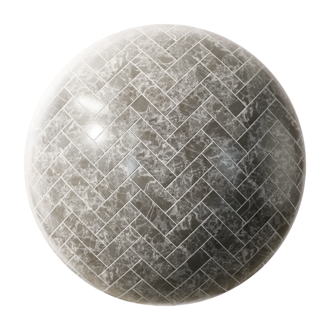 Ash Grey Herringbone Marble Tiles PBR Texture - Sphere Swatch Preview | Superellipse