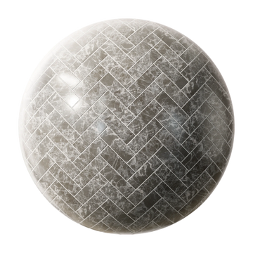 Ash Grey Herringbone Marble Tiles PBR Texture - Sphere Swatch Preview | Superellipse