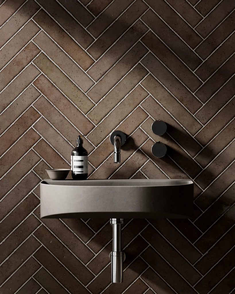 Zellige Mocha Herringbone Tile PBR Texture - Example Scene Visualization | Superellipse