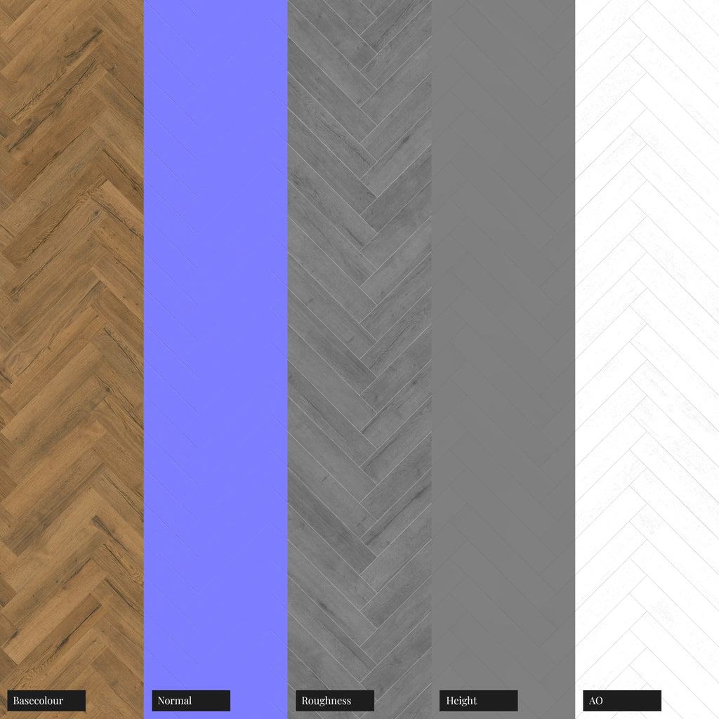 Rustic Oak Wood Herringbone Parquet Floor PBR Texture - Example Scene Visualization | Superellipse