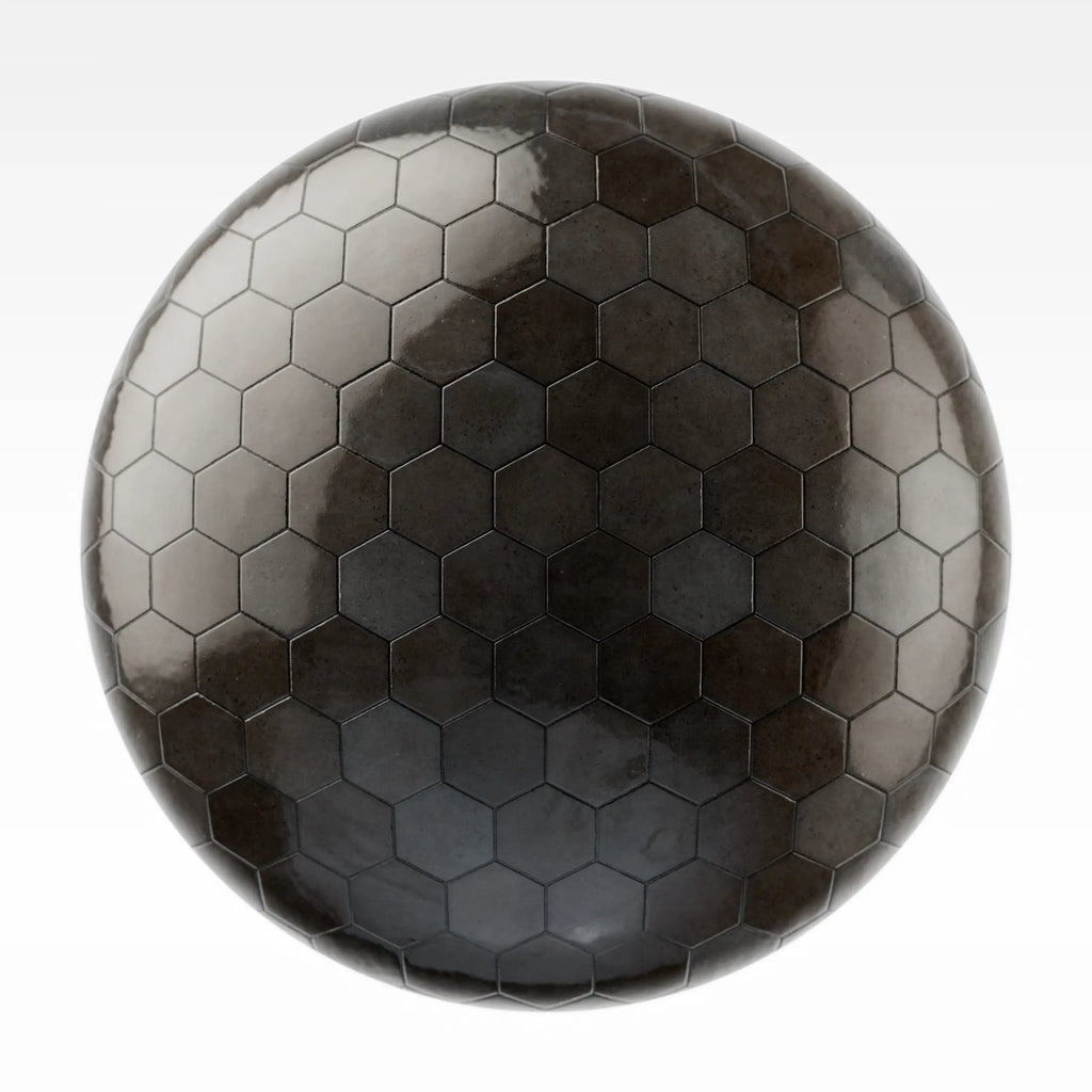 Hoxton Charcoal Black Hex Tile PBR Texture - Sphere Swatch Preview | Superellipse