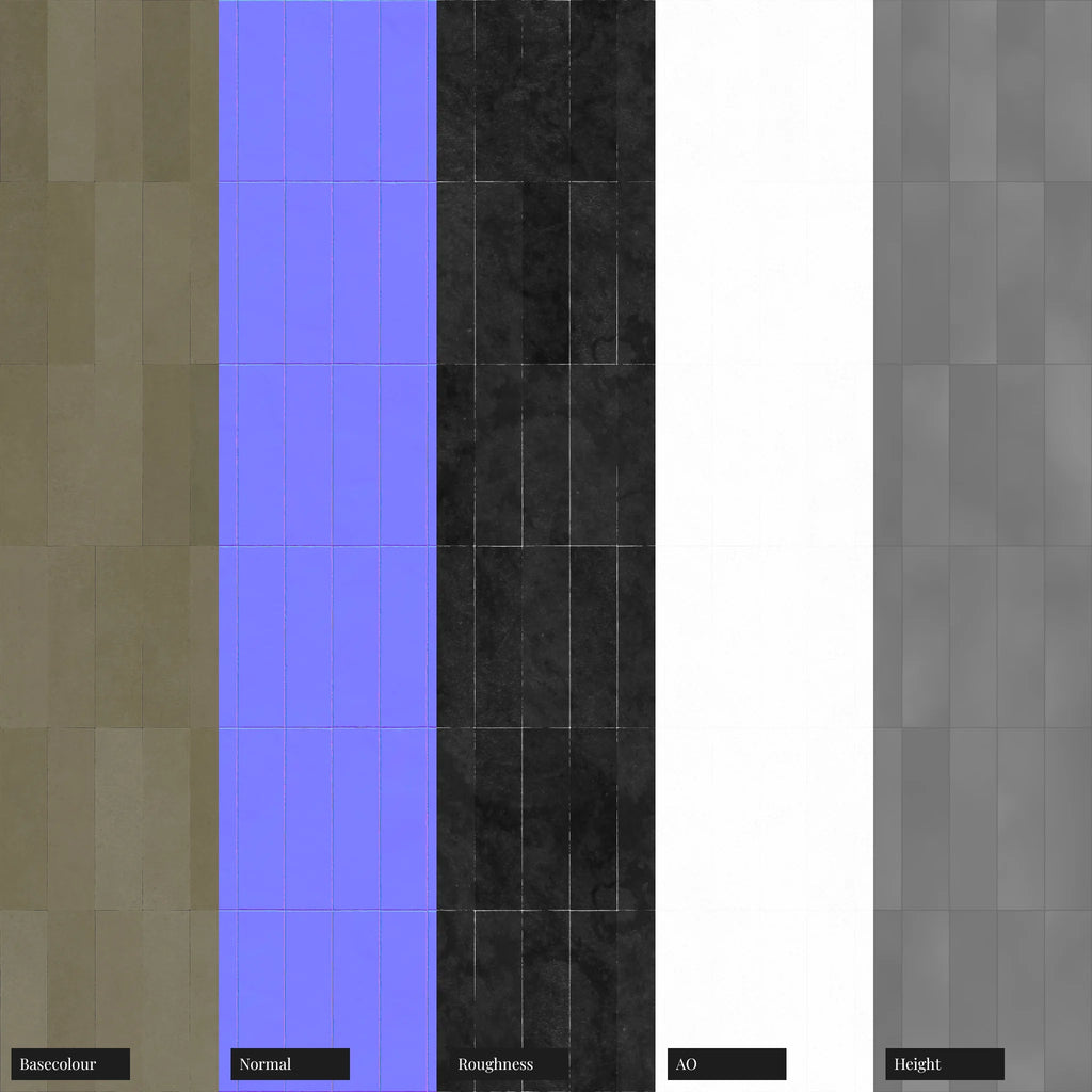 Zellige Olive Vertical Tile PBR Texture - Example Scene Visualization | Superellipse