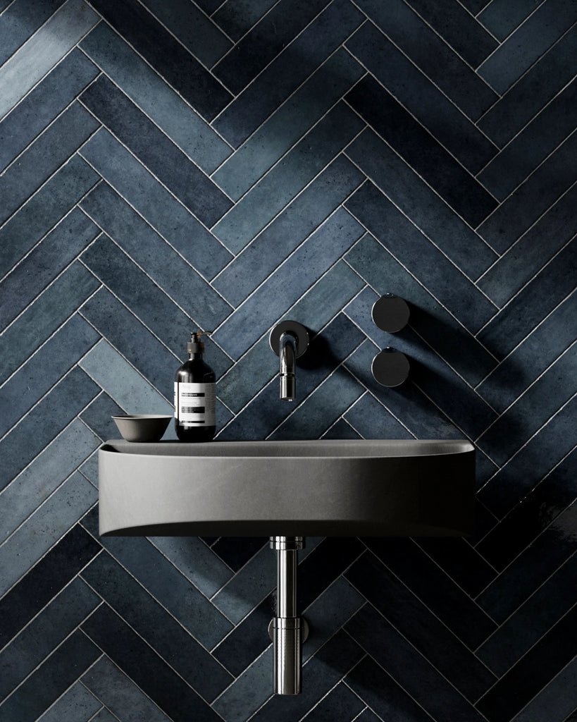 Hoxton Deep Blue Herringbone Tile PBR Texture - Example Scene Visualization | Superellipse