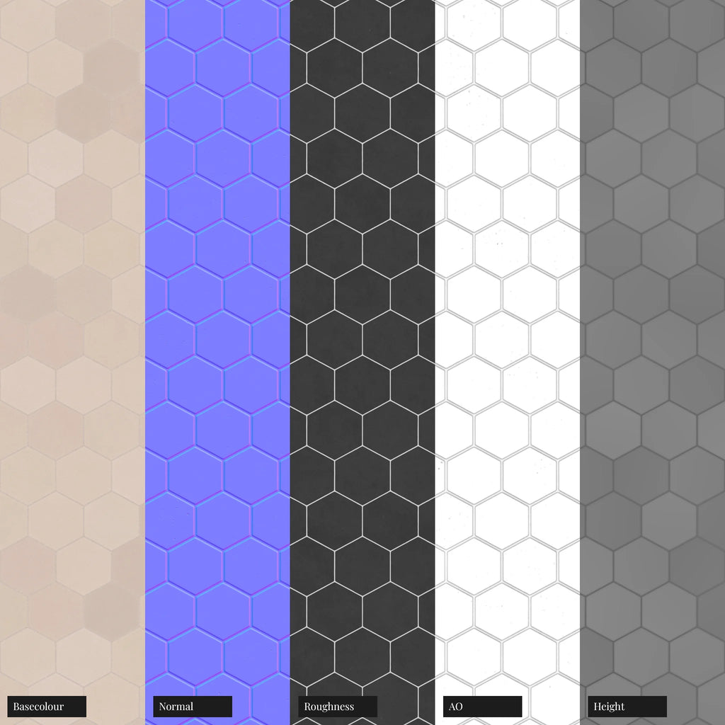 Hexagonal Matte Soft Beige Tile PBR Texture - Example Scene Visualization | Superellipse
