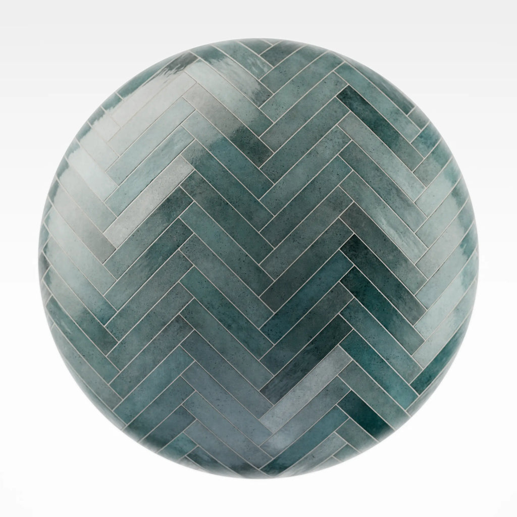 Hoxton Teal Gloss Herringbone Tile PBR Texture - Sphere Swatch Preview | Superellipse