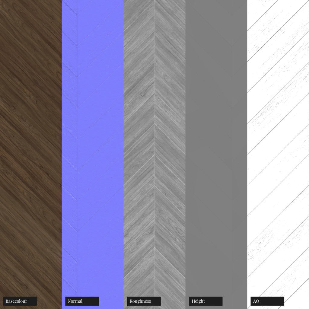 Smokey Walnut Chevron Wood Floor PBR Texture - Example Scene Visualization | Superellipse