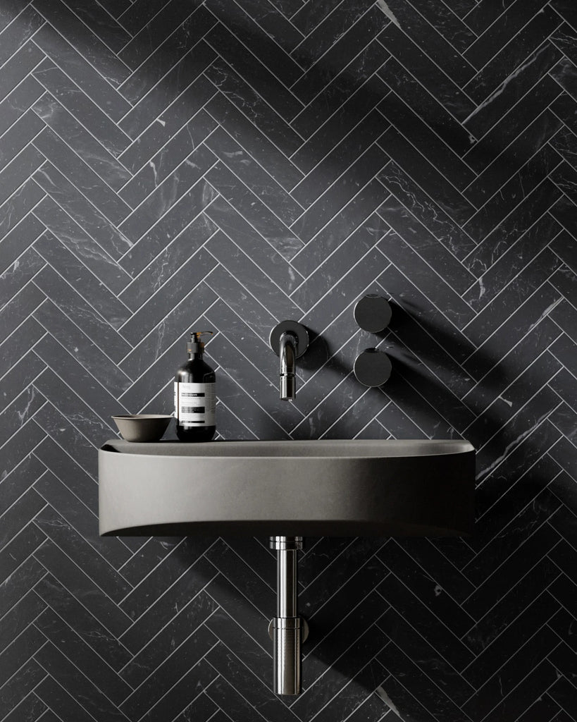 Nero Marquina Herringbone Marble Tile PBR Texture - Example Scene Visualization | Superellipse