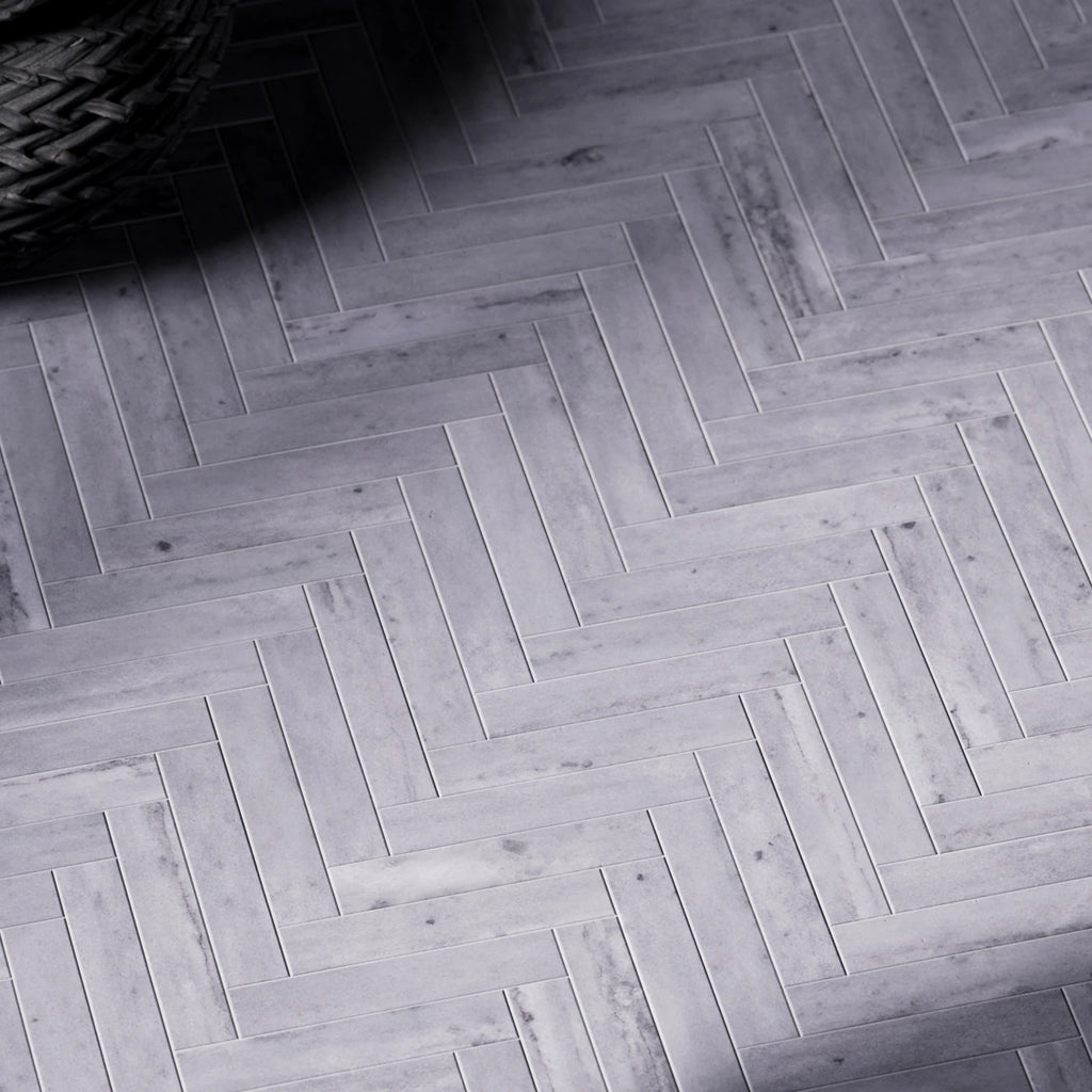 Blue de Savoie Herringbone Marble Tiles PBR Texture - Example Scene Visualization | Superellipse