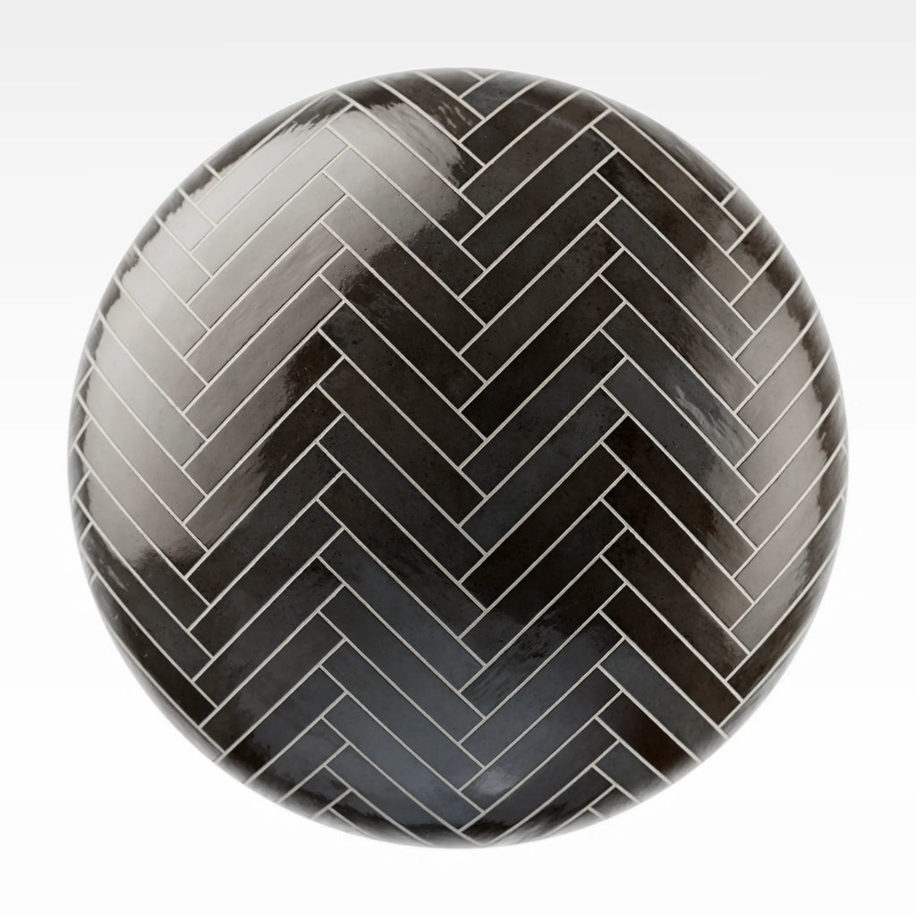 Hoxton Black Herringbone Porcelain Tile PBR Texture - Sphere Swatch Preview | Superellipse