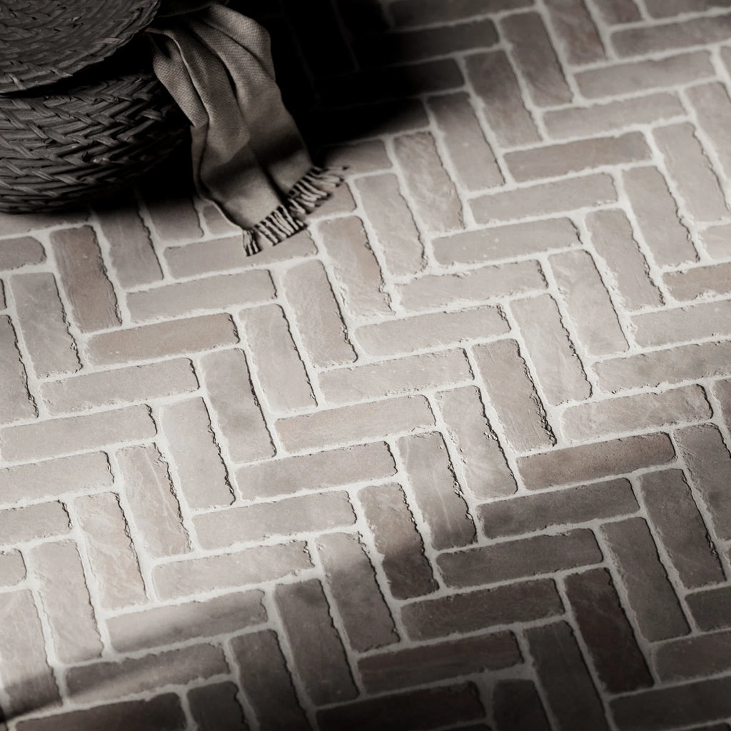 Terracotta Grey Rustic Herringbone Tiles PBR Texture - Example Scene Visualization | Superellipse