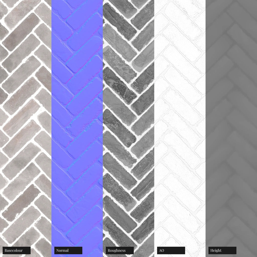 Terracotta Grey Rustic Herringbone Tiles PBR Texture - Example Scene Visualization | Superellipse