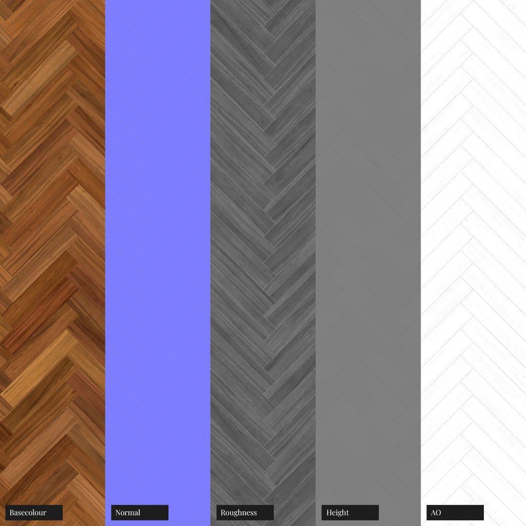 Brazilian Teak Herringbone Parquet Wood Floor PBR Texture - Example Scene Visualization | Superellipse