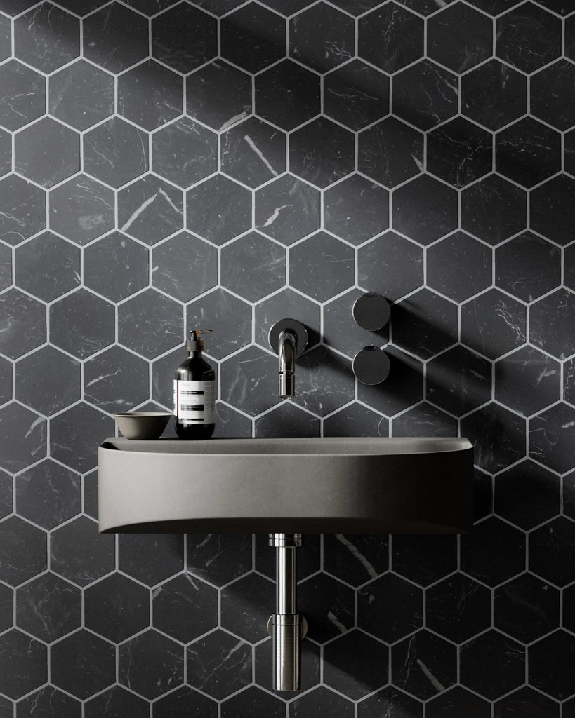 Nero Marquina Hex Honed Marble Tile PBR Texture - Example Scene Visualization | Superellipse
