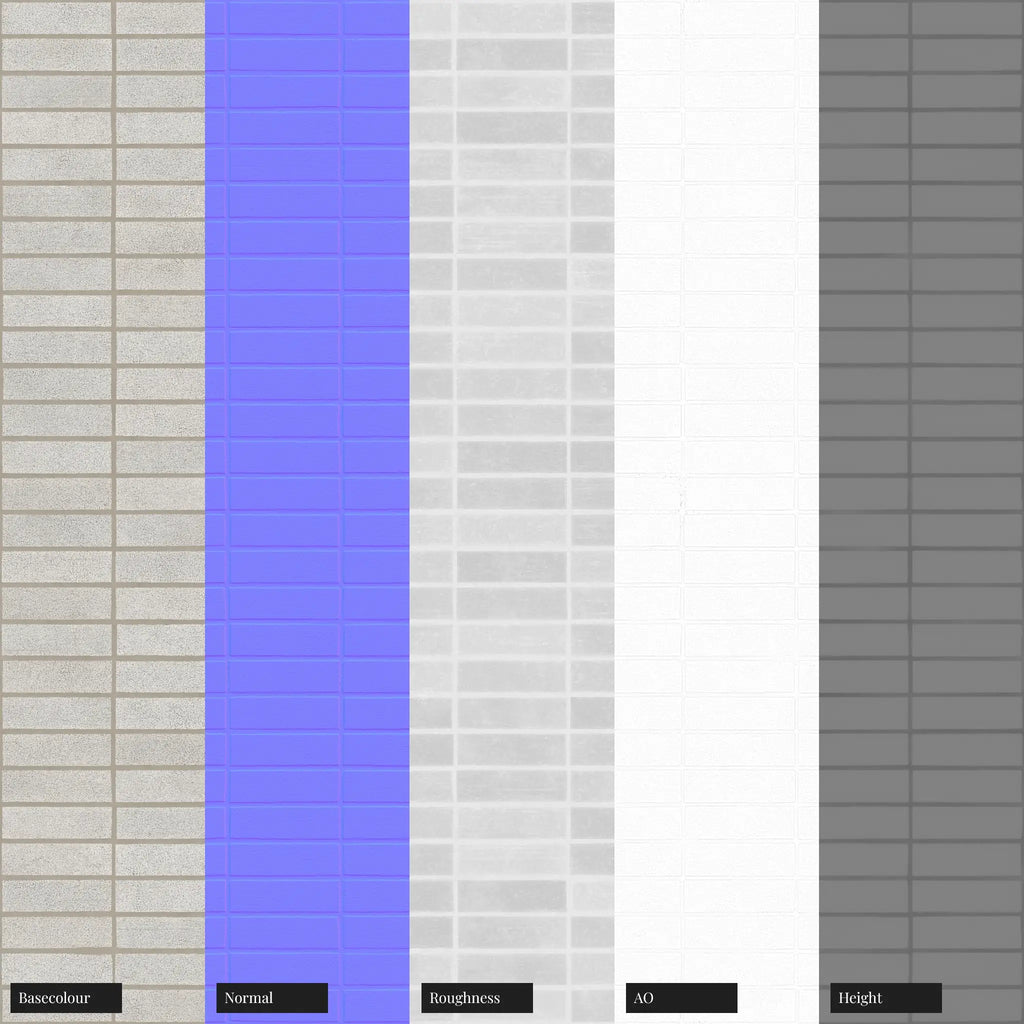 White Ash Specked Stack Bond Brick PBR Texture - Example Scene Visualization | Superellipse