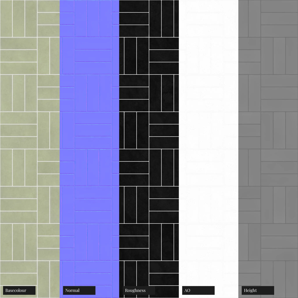 Zellige Khaki Green Basketweave Tile PBR Texture - Example Scene Visualization | Superellipse