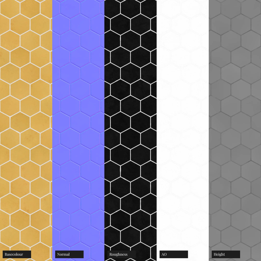 Zellige Honey Yellow Hex Tile PBR Texture - Example Scene Visualization | Superellipse