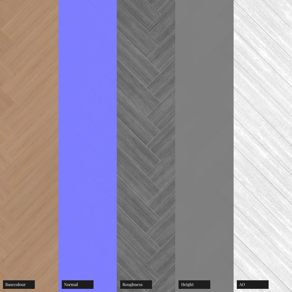 Natural Oak Herringbone Wood Floor PBR Texture - Example Scene Visualization | Superellipse