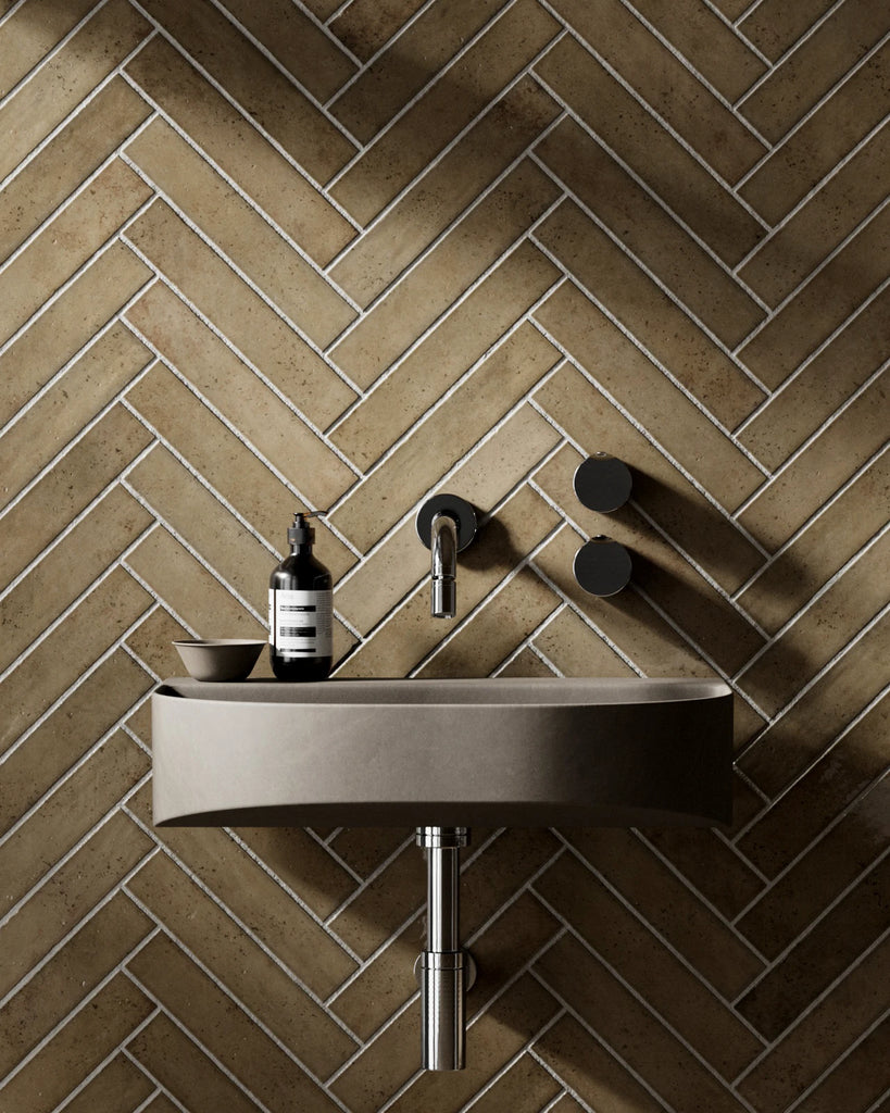 Hoxton Ochre Herringbone Porcelain Tile PBR Texture - Example Scene Visualization | Superellipse