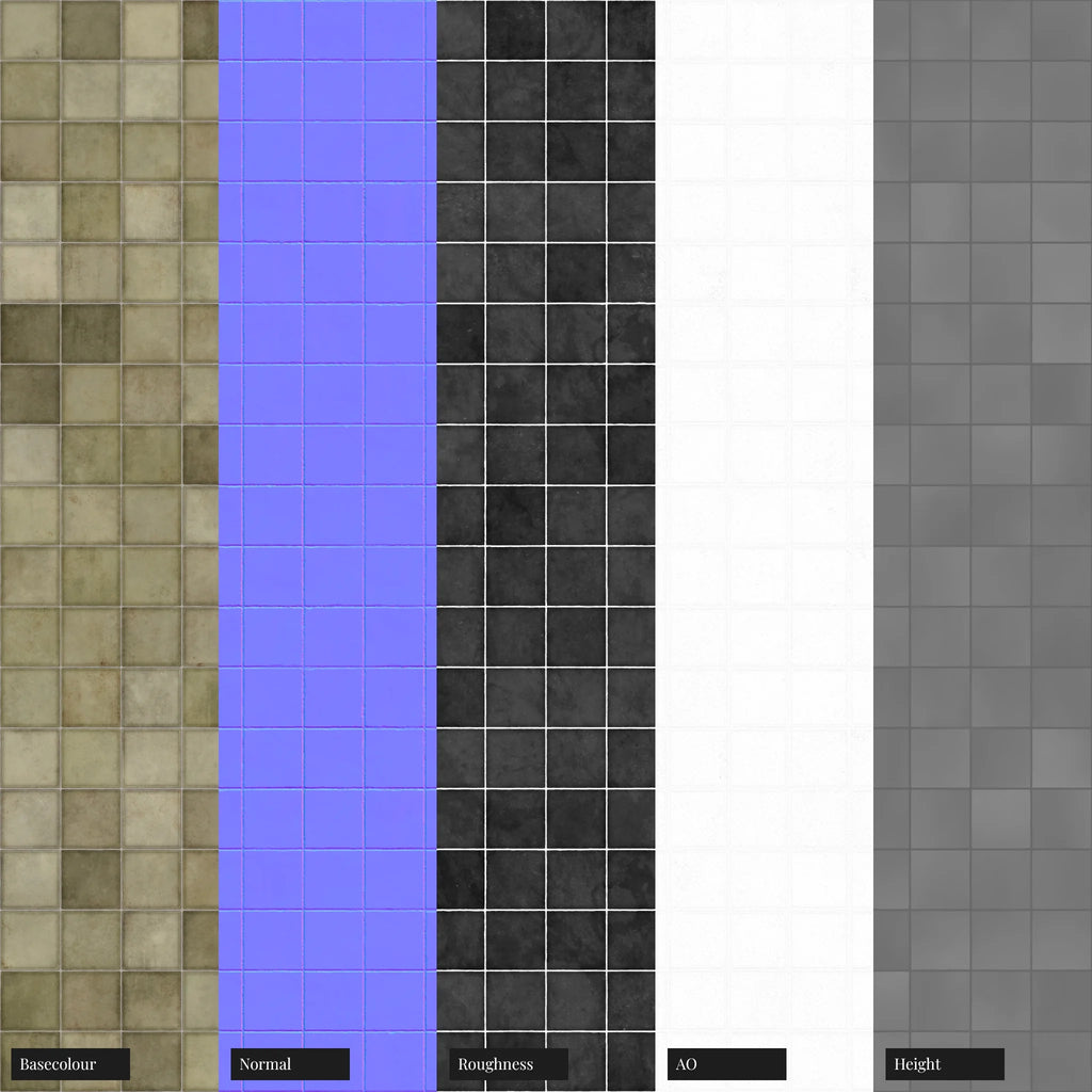 Zellige Olive Square Ceramic Tile PBR Texture - Example Scene Visualization | Superellipse