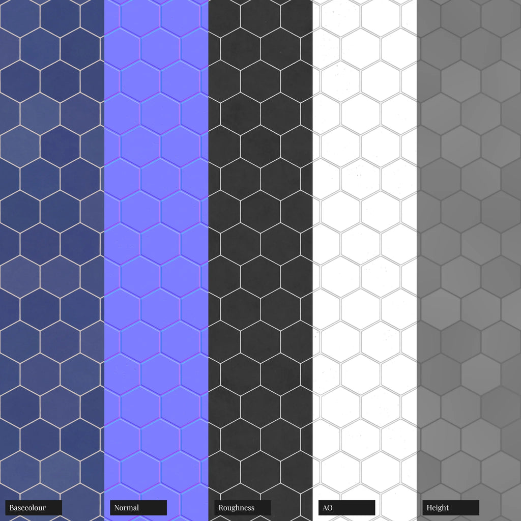 Hexagonal Matte Royal Blue Tile PBR Texture - Example Scene Visualization | Superellipse
