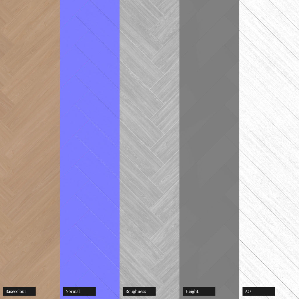 Beech Herringbone Wood Floor PBR Texture - Example Scene Visualization | Superellipse