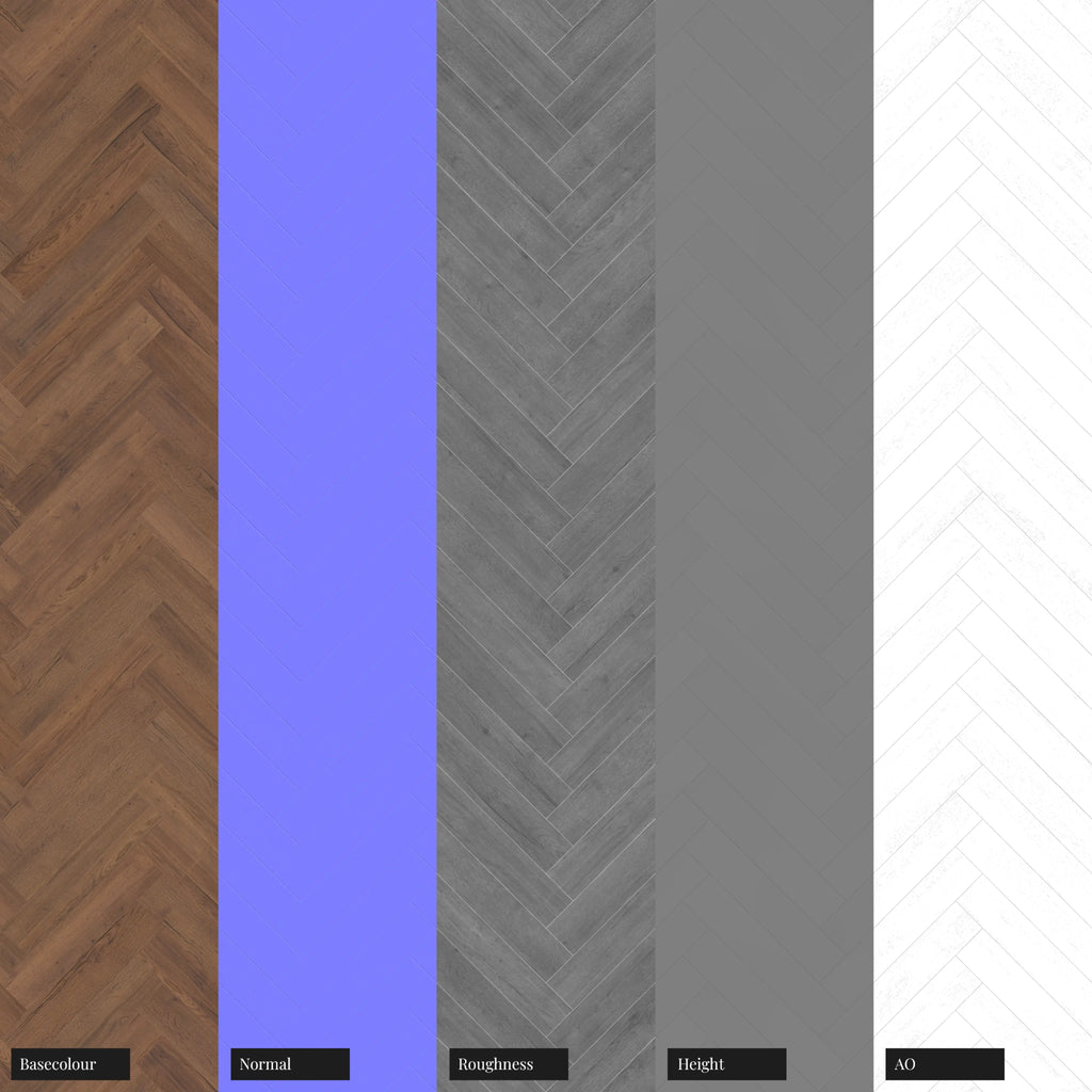 English Chestnut Oak Herringbone Parquet Wood Floor PBR Texture - Example Scene Visualization | Superellipse
