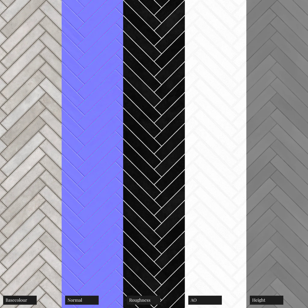 Hoxton Contemporary Herringbone Porcelain Tile PBR Texture - Example Scene Visualization | Superellipse