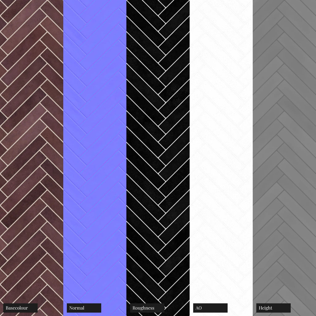 Hoxton Burgundy Herringbone Tile PBR Texture - Example Scene Visualization | Superellipse