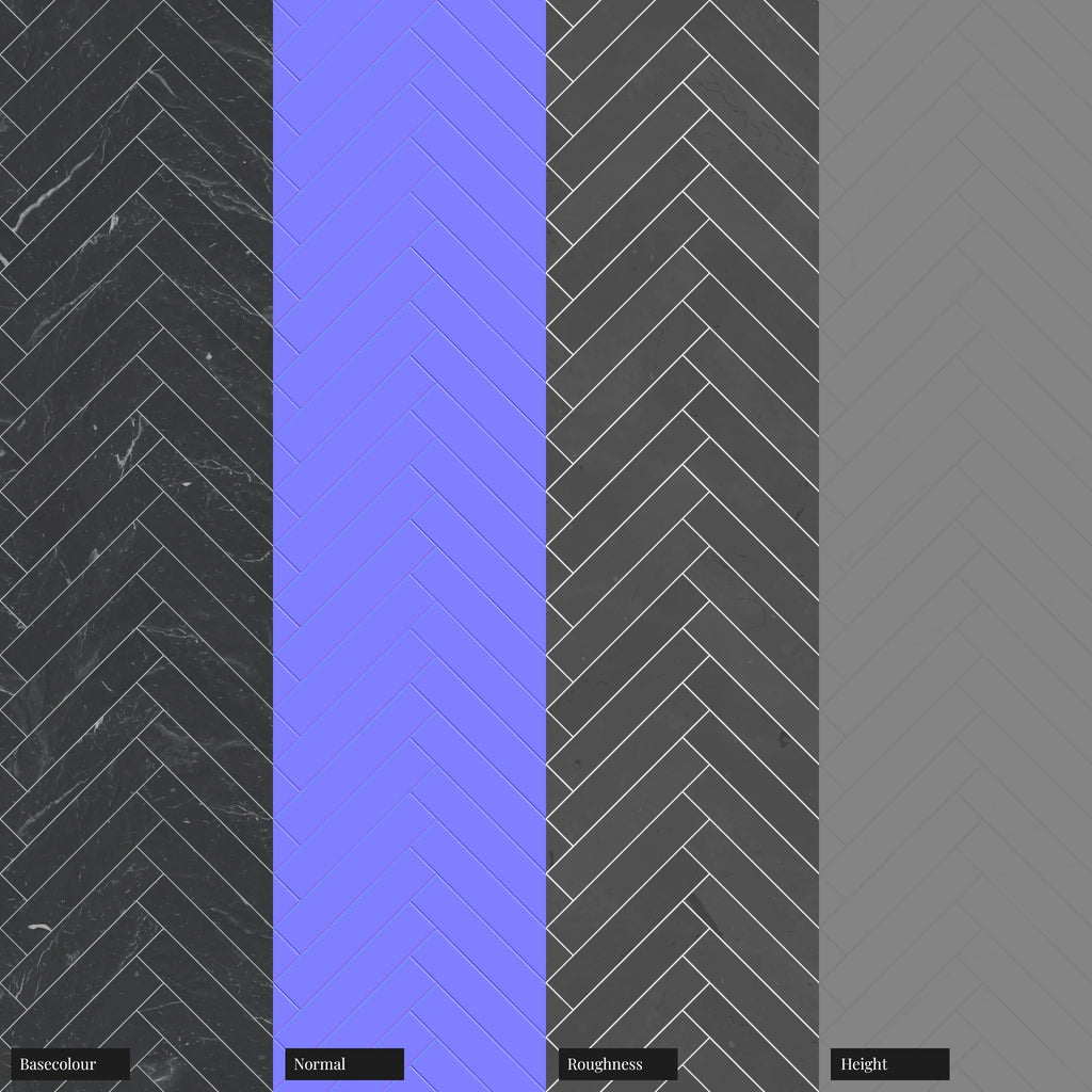 Nero Marquina Herringbone Marble Tile PBR Texture - Example Scene Visualization | Superellipse