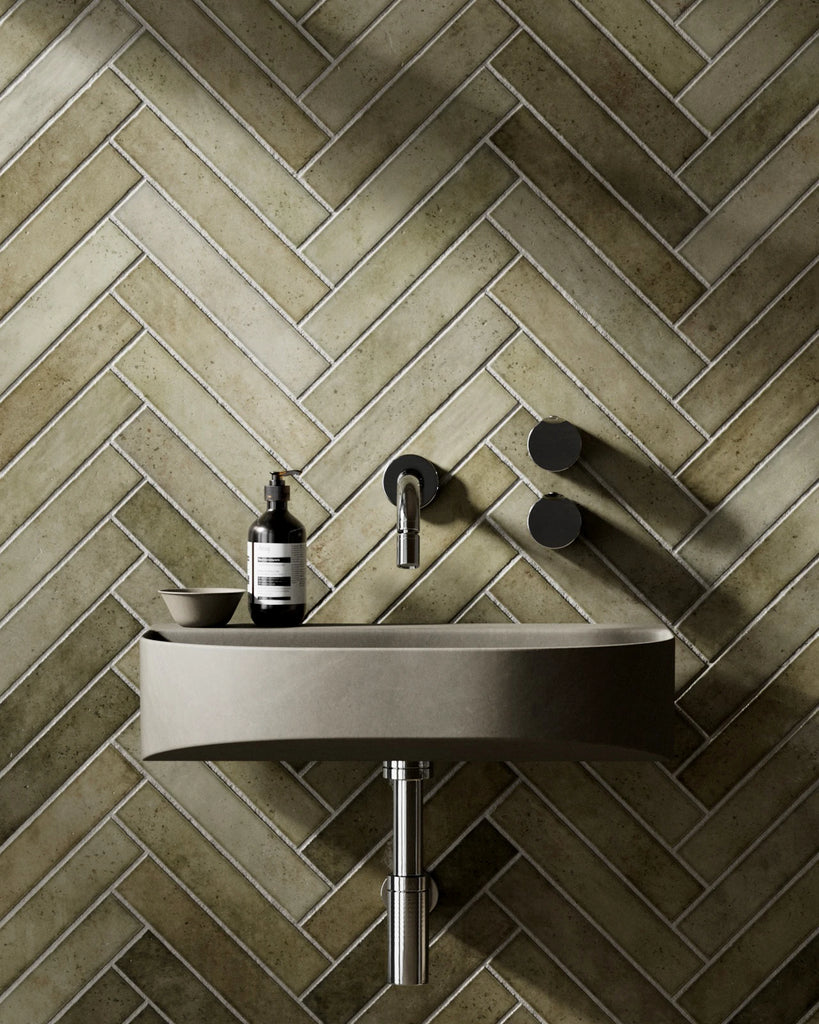 Hoxton Olive Herringbone Tile PBR Texture - Example Scene Visualization | Superellipse