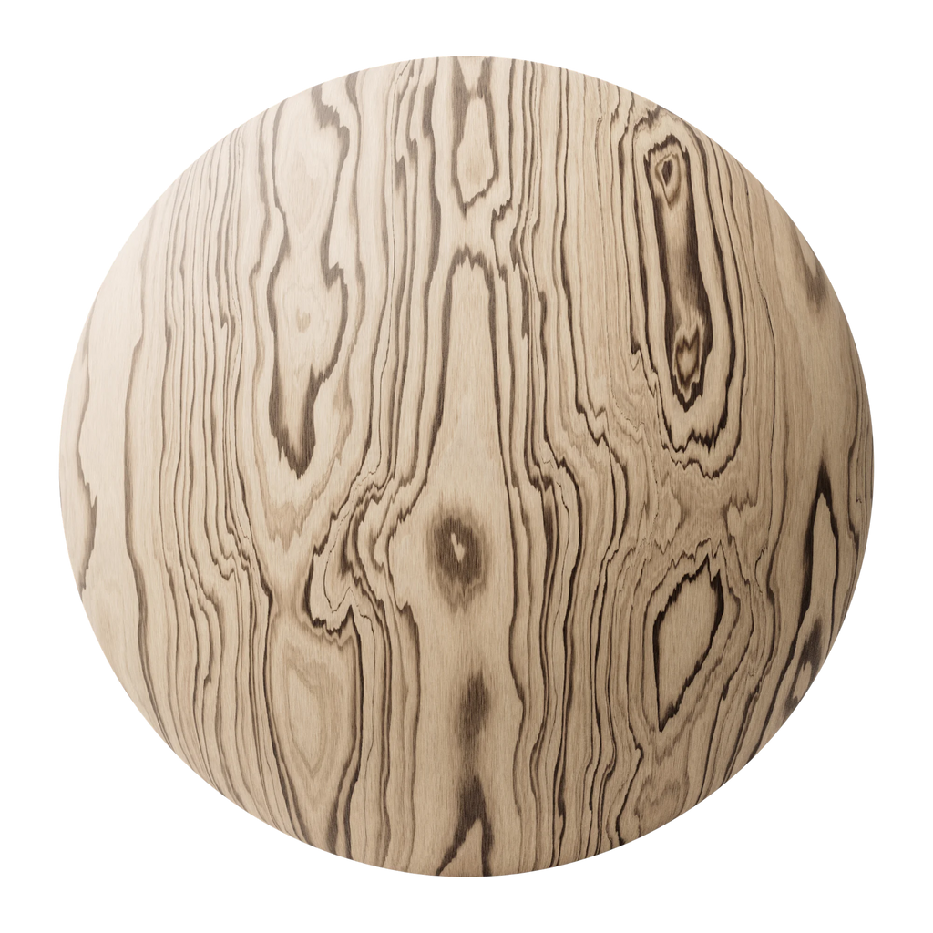 Zebrano Natural Finish Veneer Wood PBR Texture - Sphere Swatch Preview | Superellipse