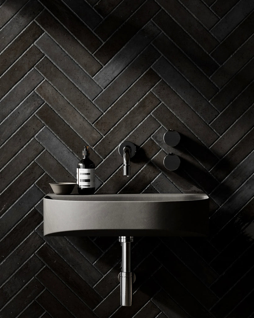 Hoxton Dark Herringbone Porcelain Tile PBR Texture - Example Scene Visualization | Superellipse