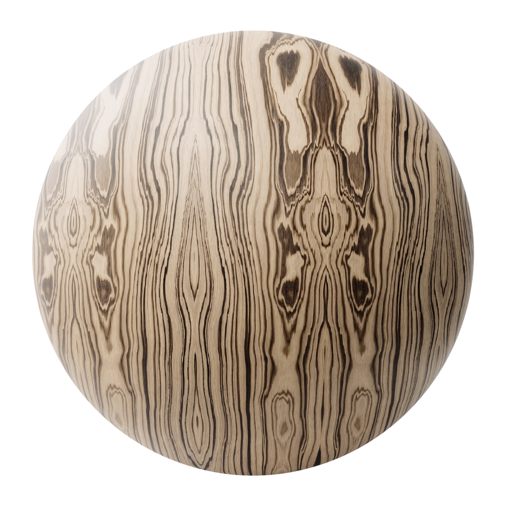 Zebrano Book Matched Natural Finish Veneer Wood PBR Texture - Sphere Swatch Preview | Superellipse