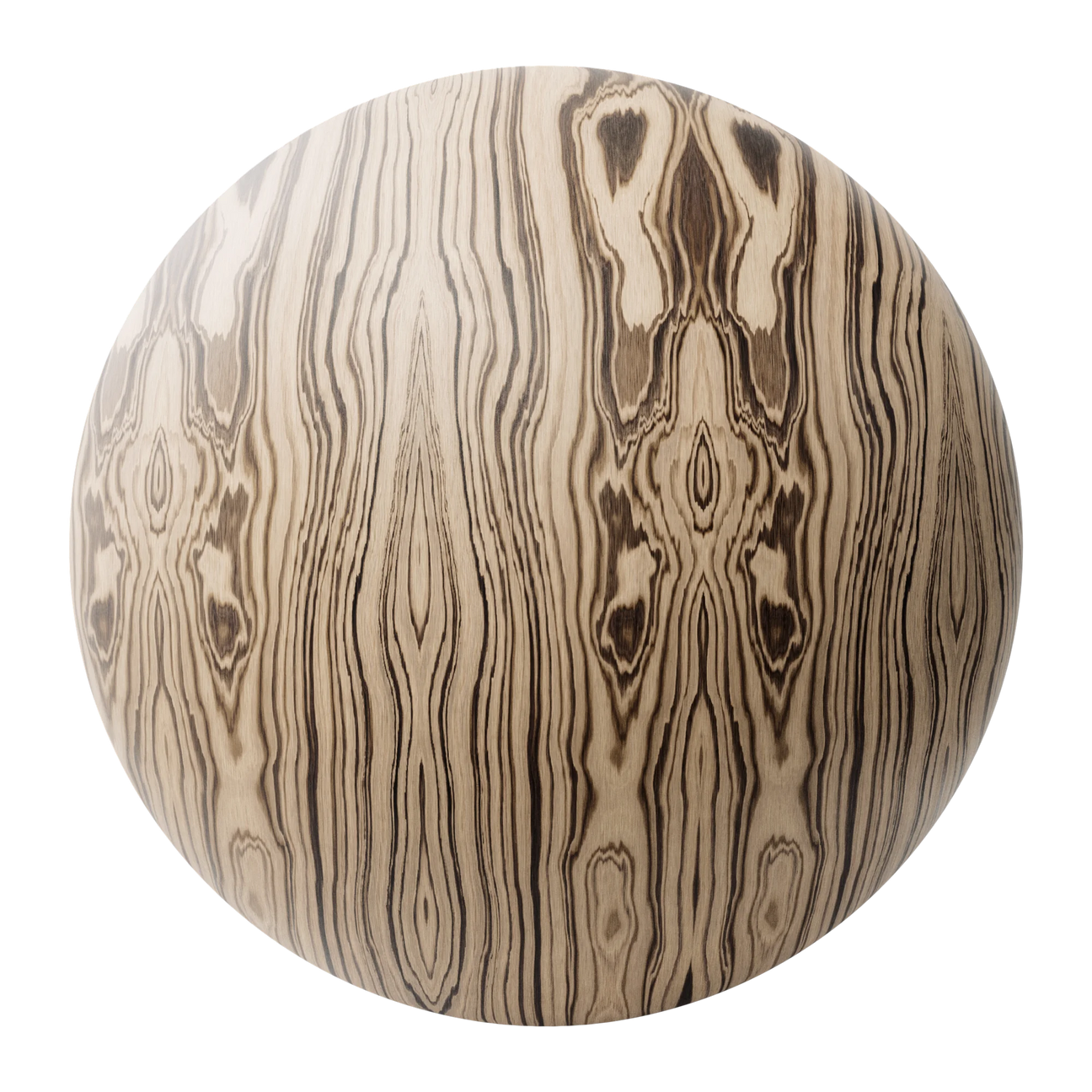 Zebrano Book Matched Natural Finish Veneer Wood PBR Texture - Sphere Swatch Preview | Superellipse